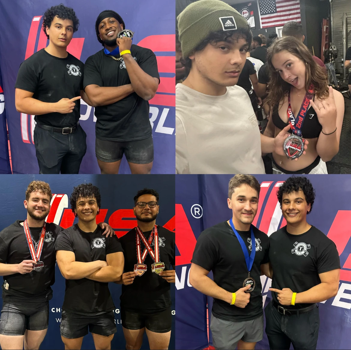 Four meet-day moments: teammates posing with medals and celebrating together