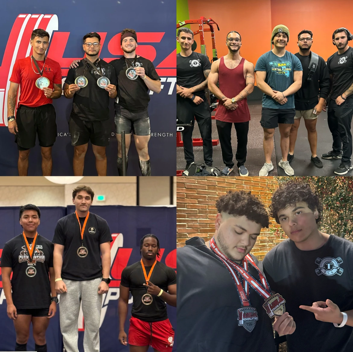 Four moments from a meet weekend: the team in the gym, on the platform and with their medals