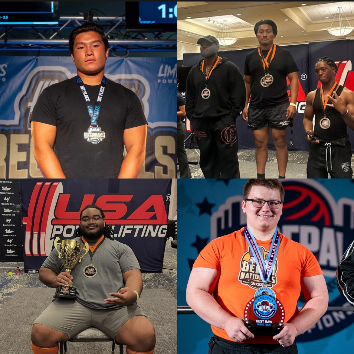 Four snapshots of the team: squats, deadlifts and podium finishes