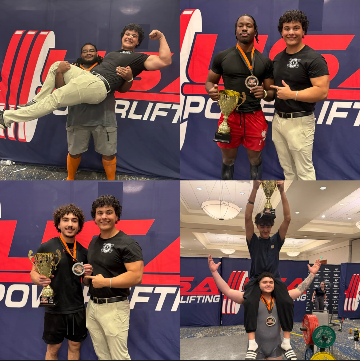 Four moments from the team's meet days: teammates, medals and lifts on the platform